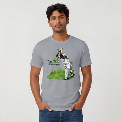 Silver Frost Man wearing The Art of Letting Go cricket graphic t-shirt by Nauma