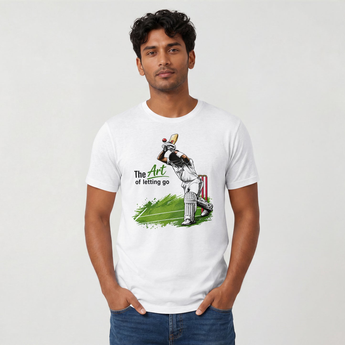 White Man wearing The Art of Letting Go cricket graphic t-shirt by Nauma