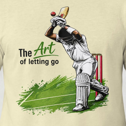 Almond Close-up of The Art of Letting Go cricket graphic printed on Nauma men's t-shirt