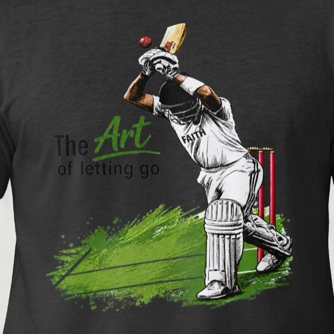 Black Close-up of The Art of Letting Go cricket graphic printed on Nauma men's t-shirt