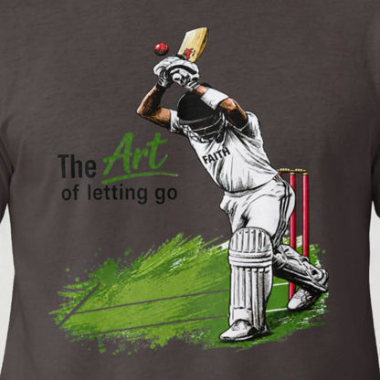 Charcoal Grey Close-up of The Art of Letting Go cricket graphic printed on Nauma men's t-shirt