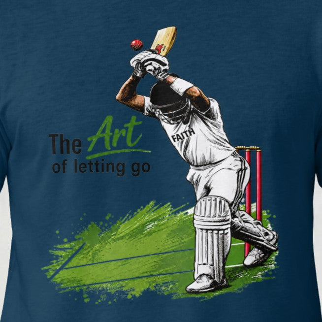 Navy Blue Close-up of The Art of Letting Go cricket graphic printed on Nauma men's t-shirt