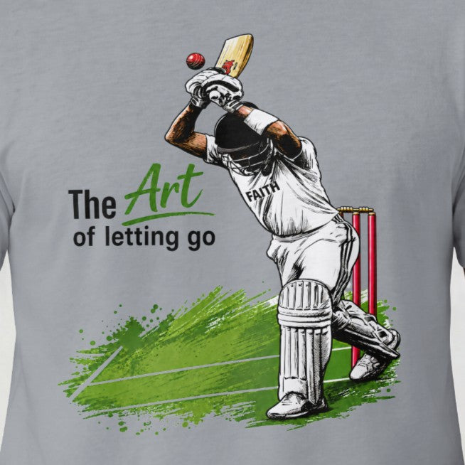 Silver Frost Close-up of The Art of Letting Go cricket graphic printed on Nauma men's t-shirt