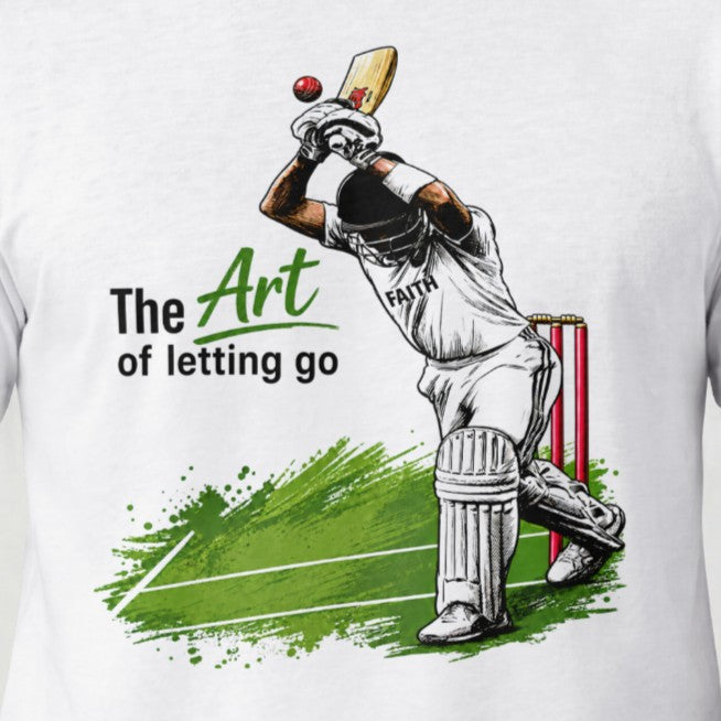 White Close-up of The Art of Letting Go cricket graphic printed on Nauma men's t-shirt