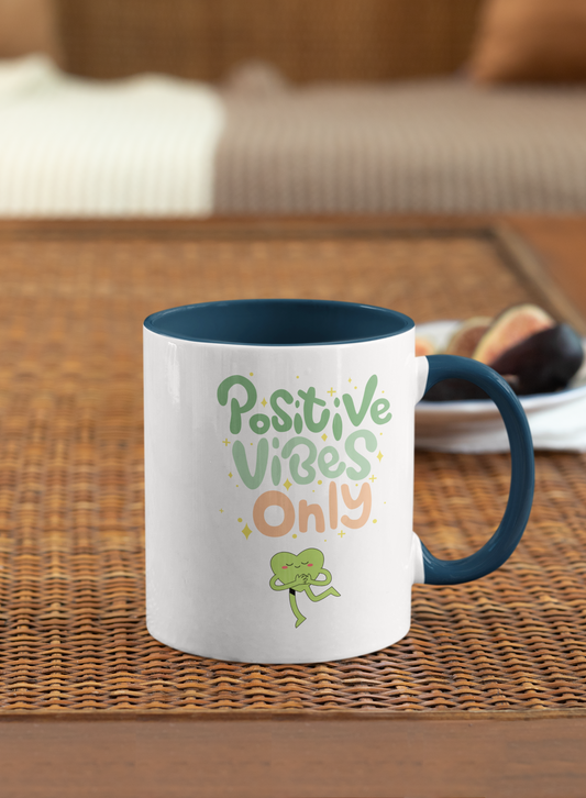 Positive Vibes Only 11oz mug design with cute green hugging heart on black background