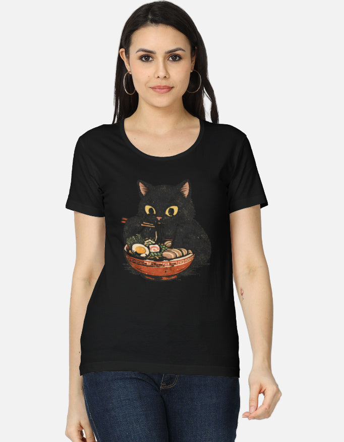 Woman wearing a black t-shirt with a cat graphic design