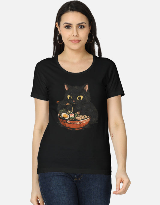 Woman wearing a black t-shirt with a cat graphic design