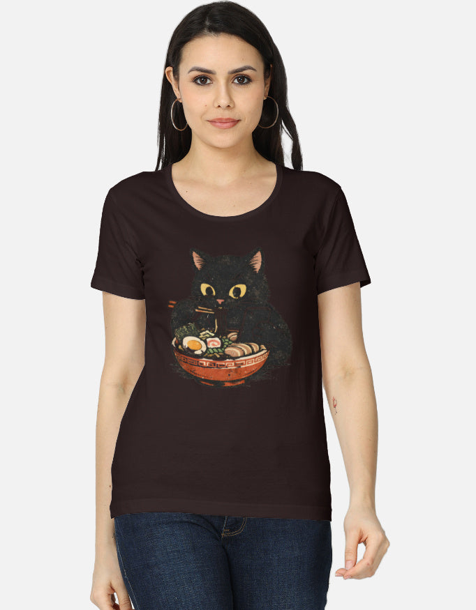 Woman wearing a coffee brown t-shirt with a cat graphic design
