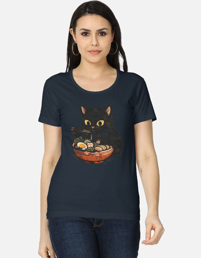 Woman wearing a navy blue t-shirt with a cat graphic design