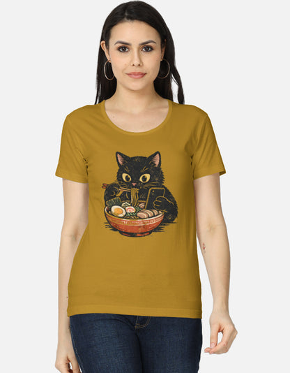Woman wearing a mustard yellow t-shirt with a cat graphic design