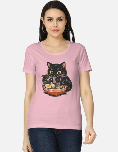 Woman wearing a light baby pink t-shirt with a cat graphic design