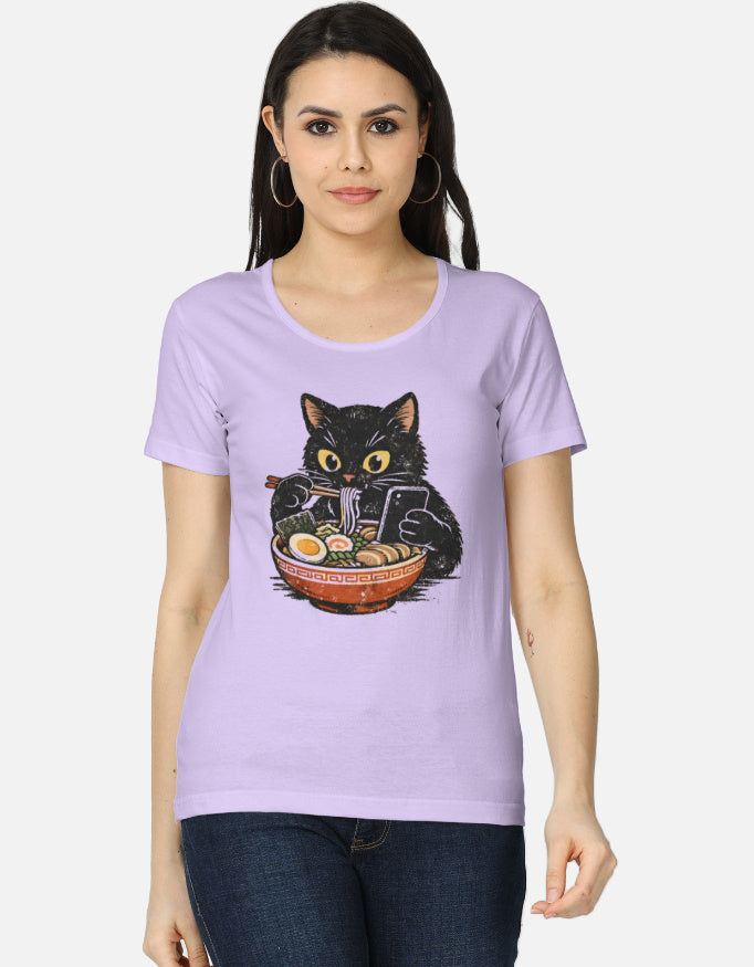 Woman wearing a lavender t-shirt with a cat graphic design