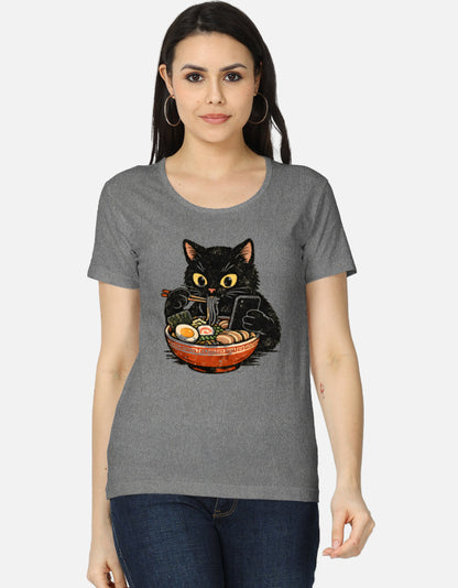 Woman wearing a charcoal grey t-shirt with a cat graphic design