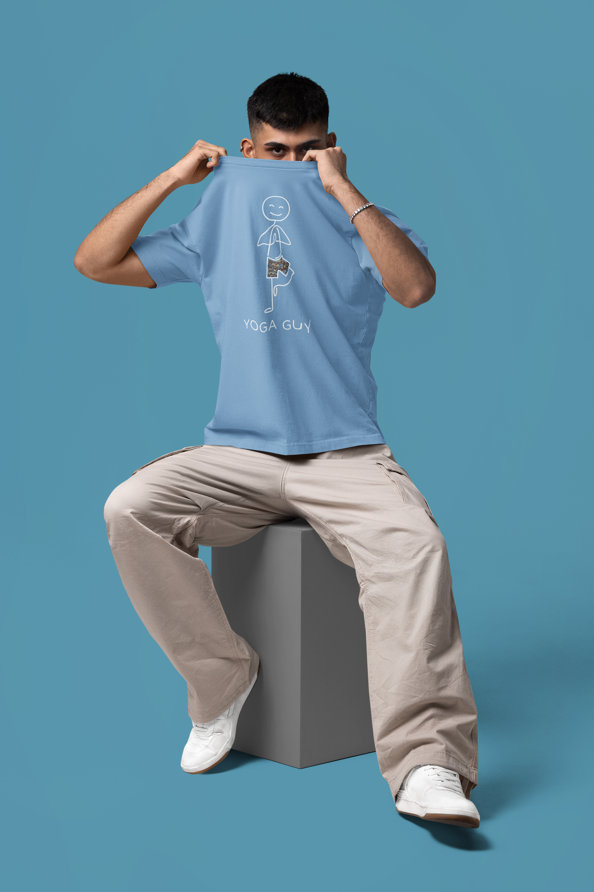 Baby Blue Trendy yoga graphic tee for men made with premium cotton oversized fit