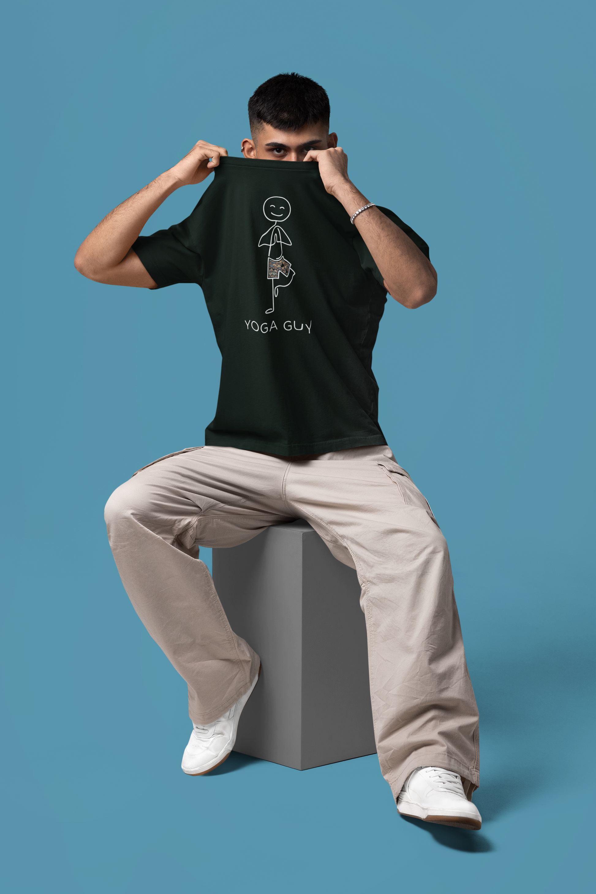 Bottle Green Trendy yoga graphic tee for men made with premium cotton oversized fit