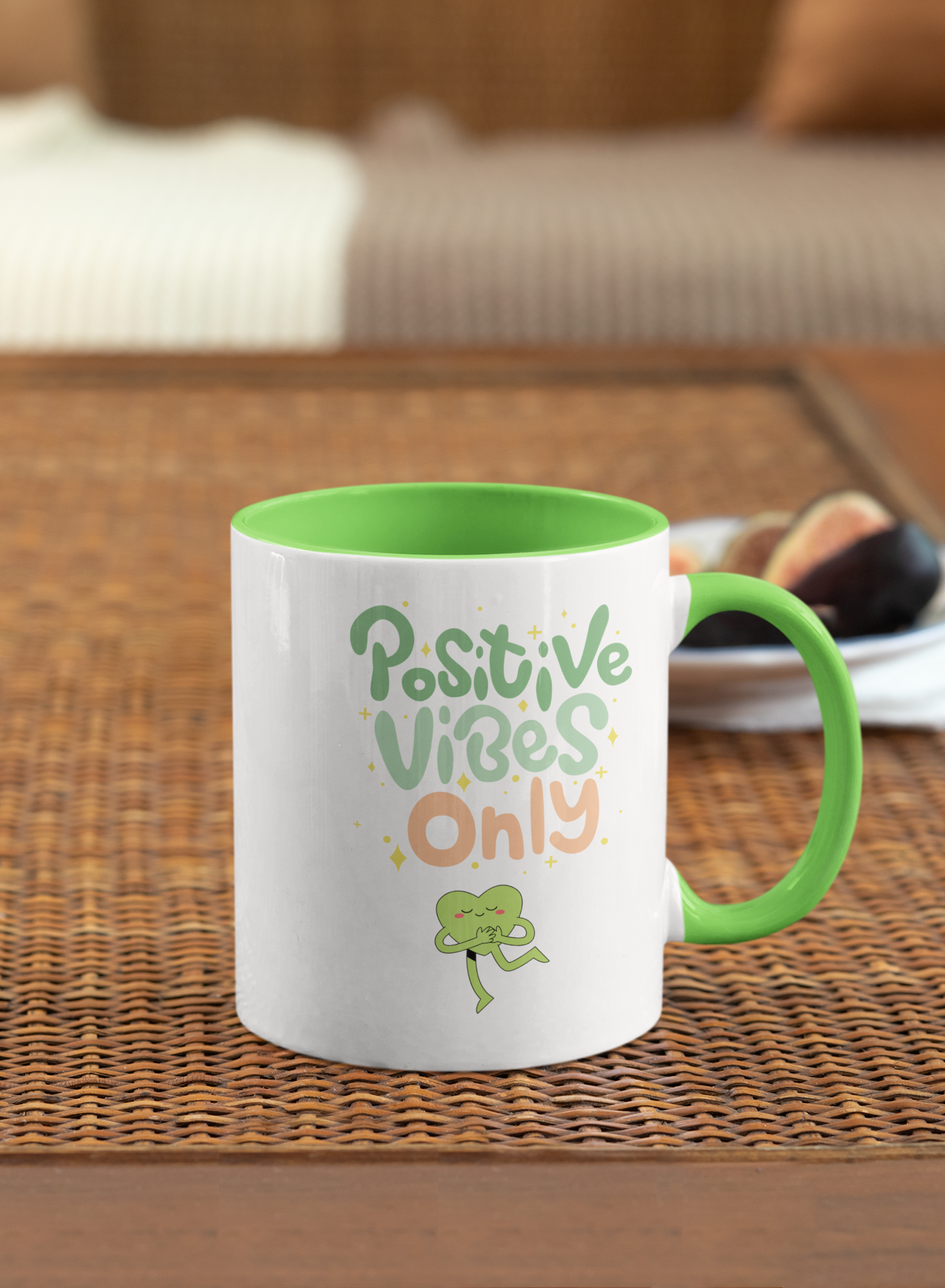 Positive Vibes Only 11oz mug design with cute green hugging heart on black background