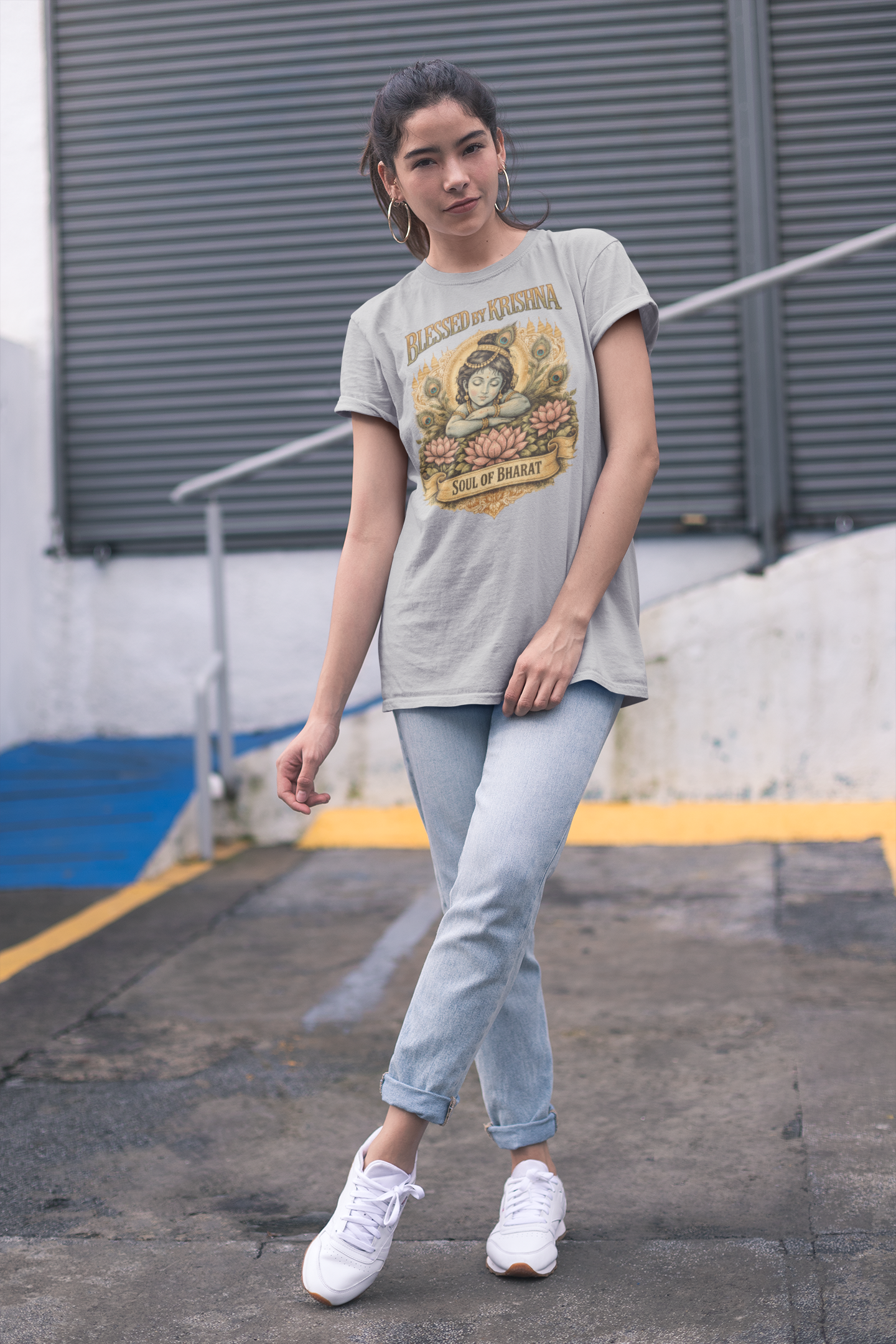 Grey Melange Krishna oversized t-shirt India 240 GSM cotton spiritual graphic tee Soul of Bharat design