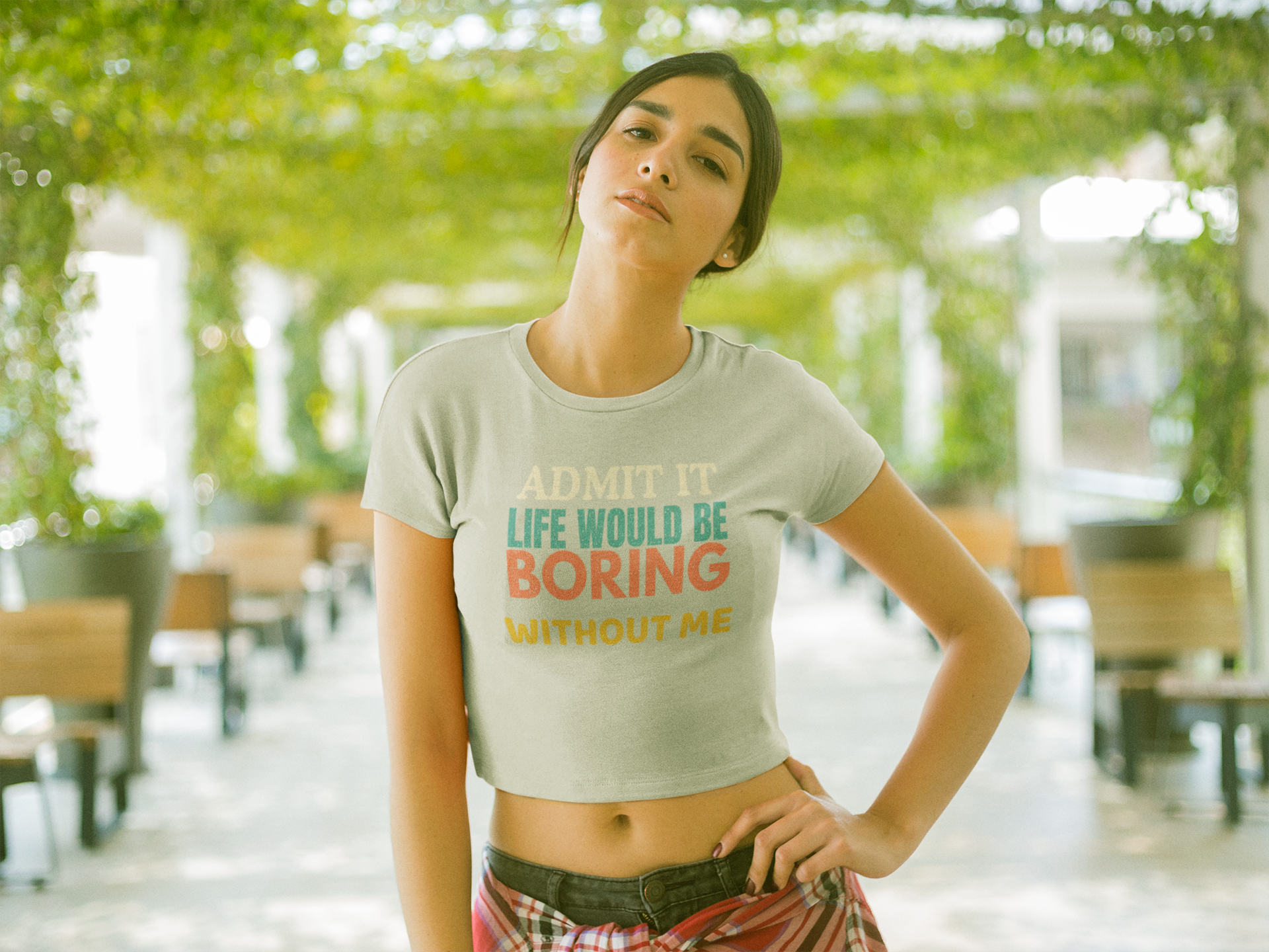 Melange Grey Half-sleeve crop tee for women made of premium 180 GSM cotton, featuring a colourful "Admit It" quote design.