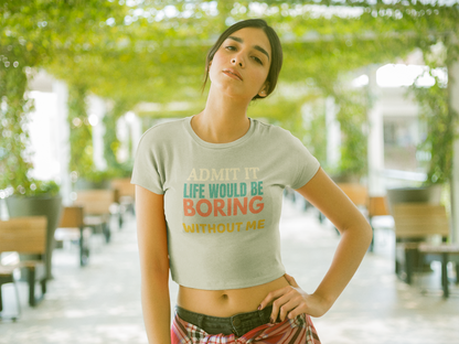 Melange Grey Half-sleeve crop tee for women made of premium 180 GSM cotton, featuring a colourful "Admit It" quote design.
