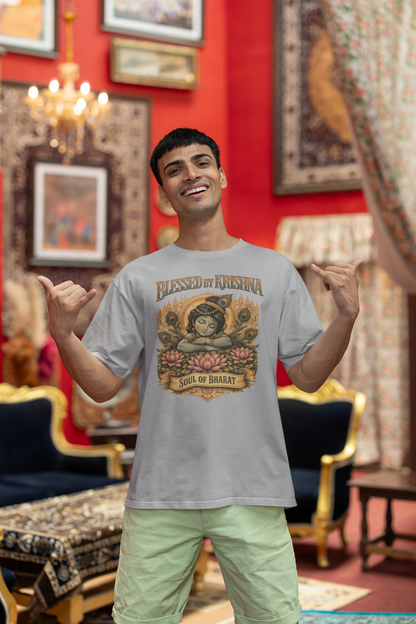 Grey Melange Krishna oversized t-shirt India 240 GSM cotton spiritual graphic tee Soul of Bharat design