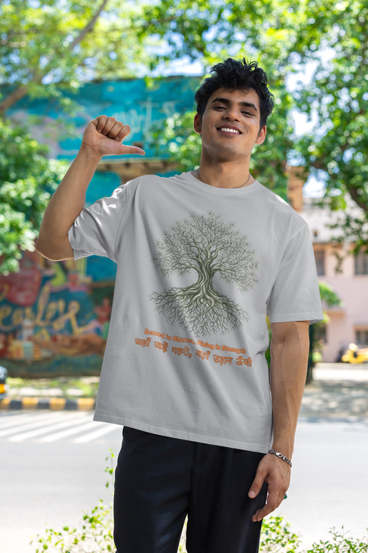 Melange Grey Men’s oversized Tree of Life graphic t-shirt with gnarled tree print, 100% cotton streetwear tee