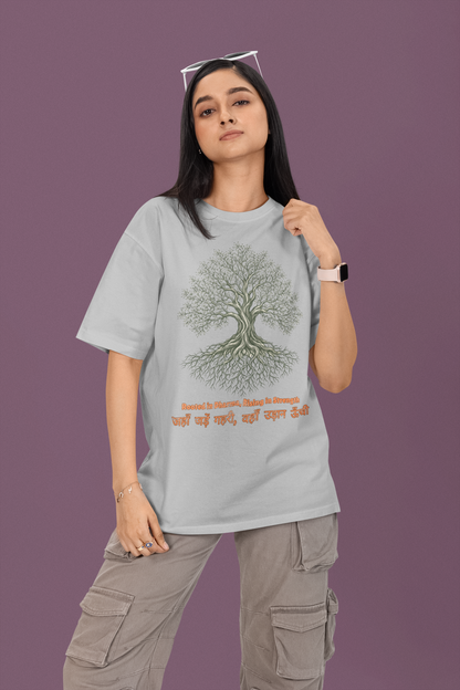Melange Grey Women’s oversized Tree of Life graphic t-shirt with gnarled tree print, 100% cotton streetwear tee