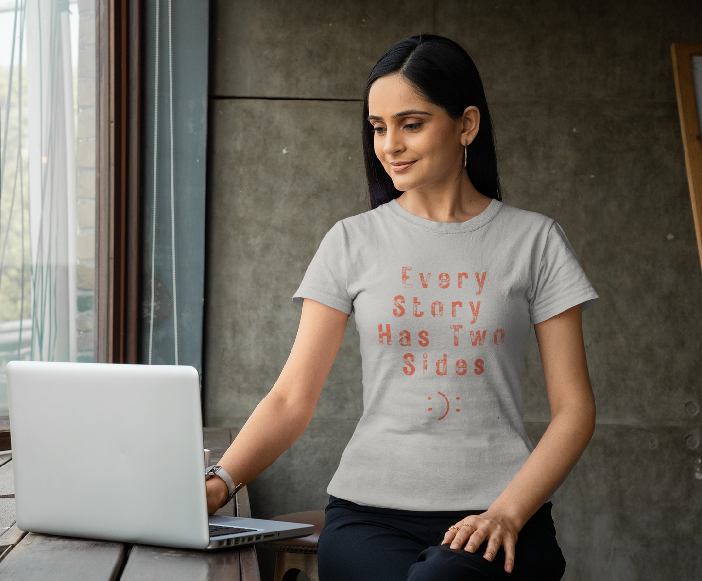 Melange Grey Women’s graphic t-shirt with ‘Every Story Has Two Sides’ inspirational quote design