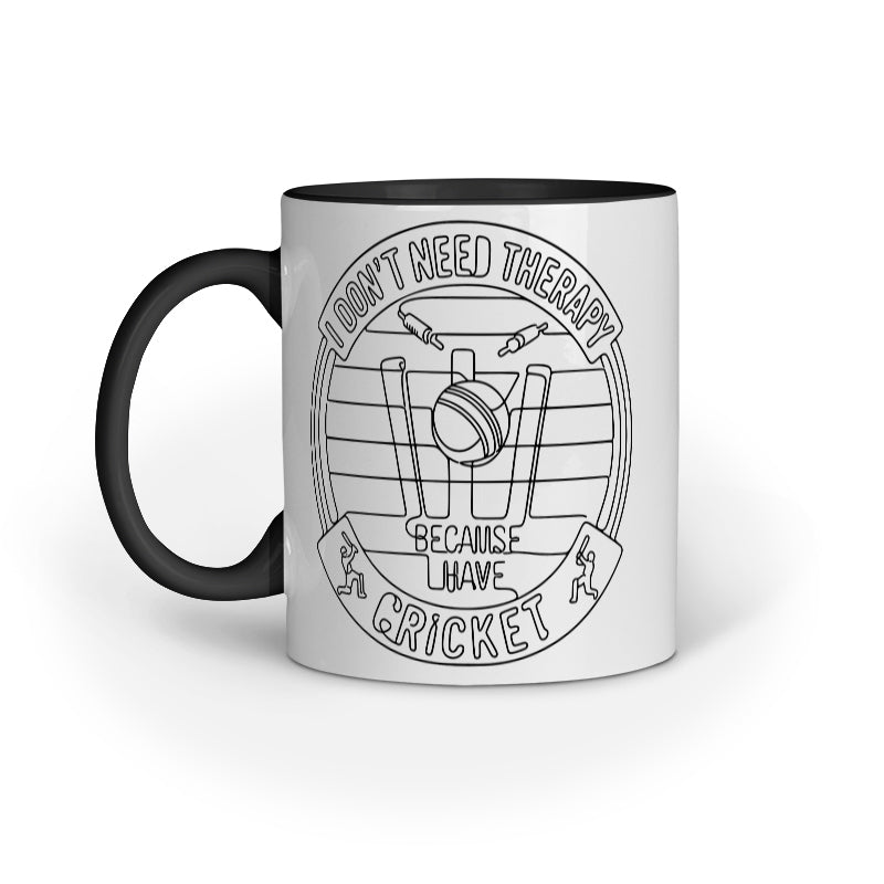 Black ceramic cricket fan mug with funny therapy quote and cricket design by Swiftbuya2z