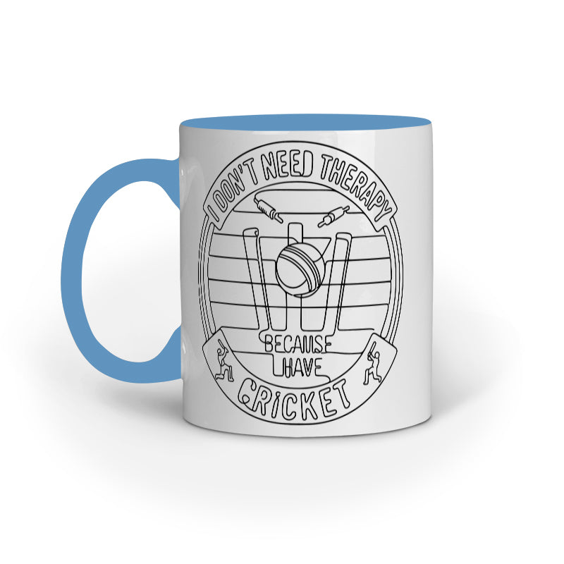 Blue ceramic cricket fan mug with funny therapy quote and cricket design by Swiftbuya2z