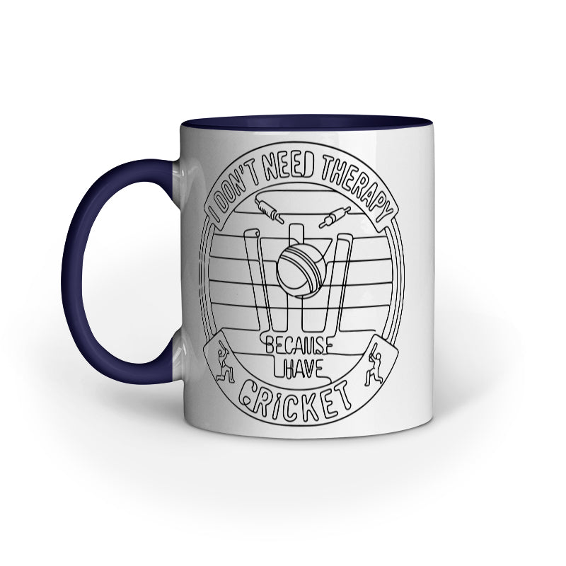 Dark blue ceramic cricket fan mug with funny therapy quote and cricket design by Swiftbuya2z