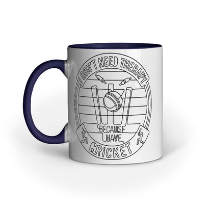 Dark blue ceramic cricket fan mug with funny therapy quote and cricket design by Swiftbuya2z