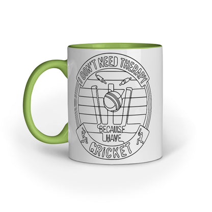 Green ceramic cricket fan mug with funny therapy quote and cricket design by Swiftbuya2z