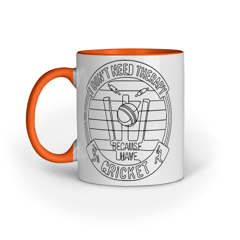 Orange ceramic cricket fan mug with funny therapy quote and cricket design by Swiftbuya2z