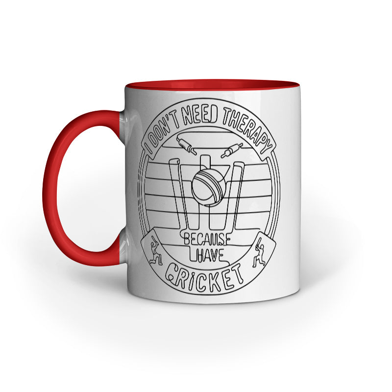 Red ceramic cricket fan mug with funny therapy quote and cricket design by Swiftbuya2z