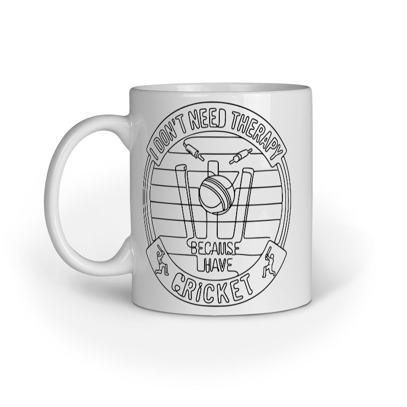 White ceramic cricket fan mug with funny therapy quote and cricket design by Swiftbuya2z