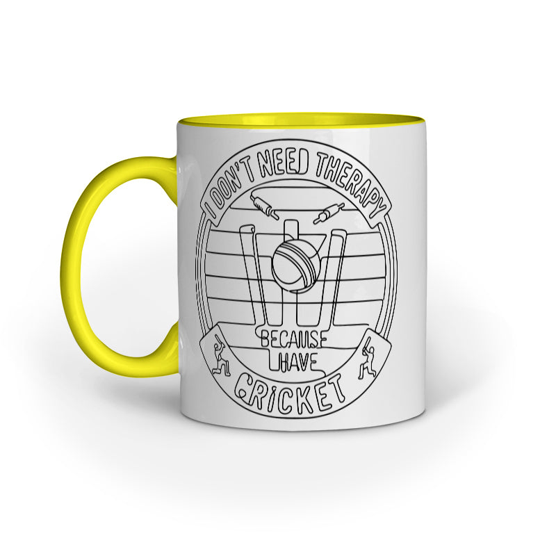Yellow ceramic cricket fan mug with funny therapy quote and cricket design by Swiftbuya2z