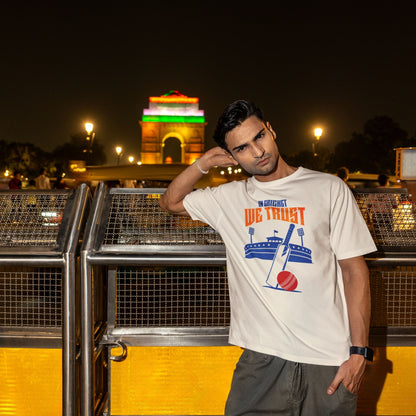 Off White In Cricket We Trust oversized t-shirt design with cricket bat, ball and stadium graphic