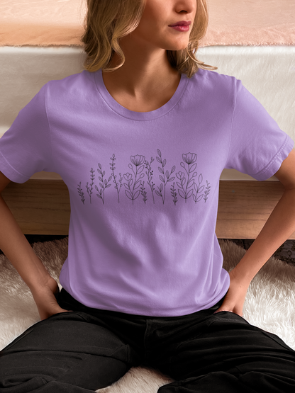 Women’s wild flower curved t-shirt with floral pattern, casual short sleeve graphic tee