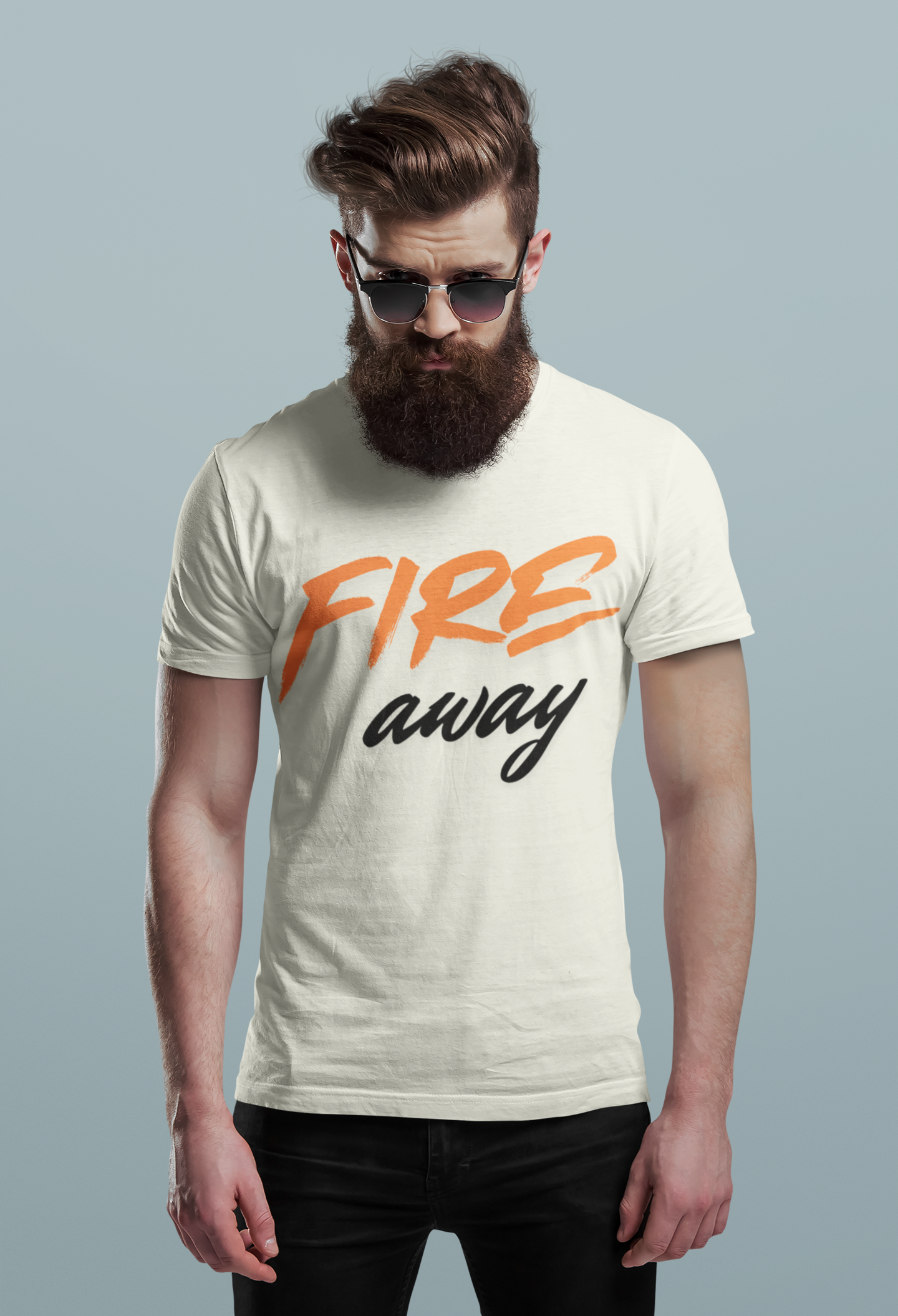 Ivory Nauma Fire Away t-shirt for men, orange and dark brush typography graphic