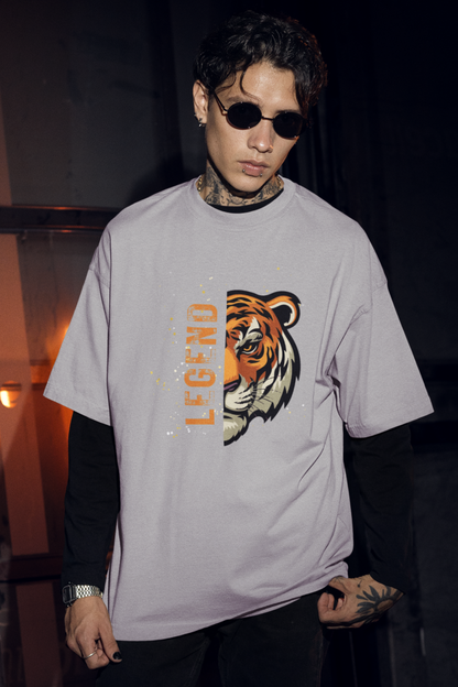 Melange grey oversized unisex graphic t-shirt featuring a stylish half-face tiger artwork with LEGEND typography.