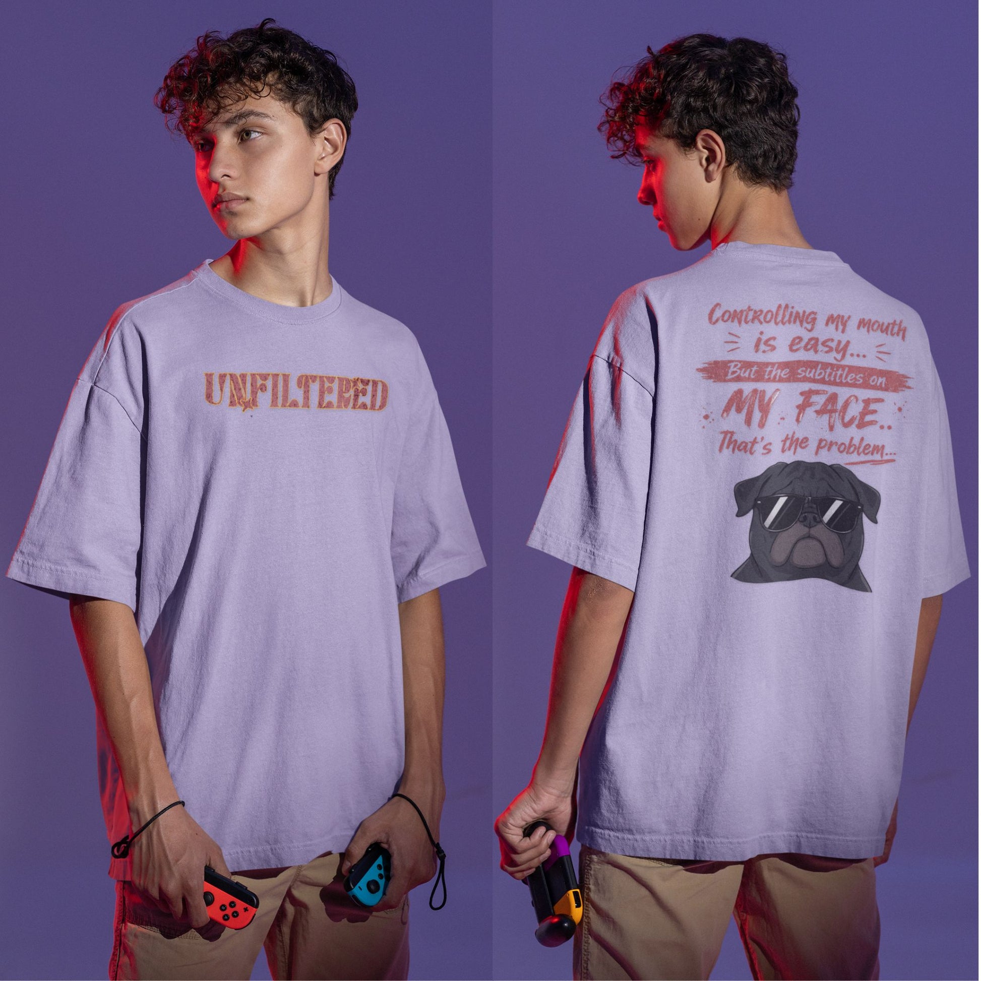 Lavender Funny oversized graphic t-shirt with sarcastic quote and cool dog design for Indian meme lovers and casual streetwear fans