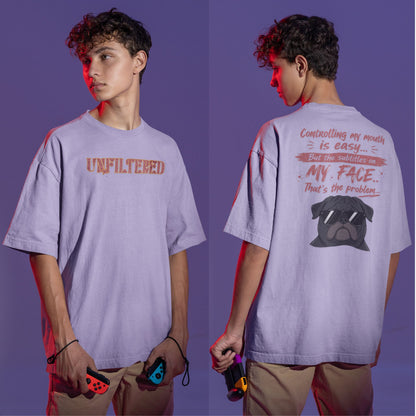 Lavender Funny oversized graphic t-shirt with sarcastic quote and cool dog design for Indian meme lovers and casual streetwear fans