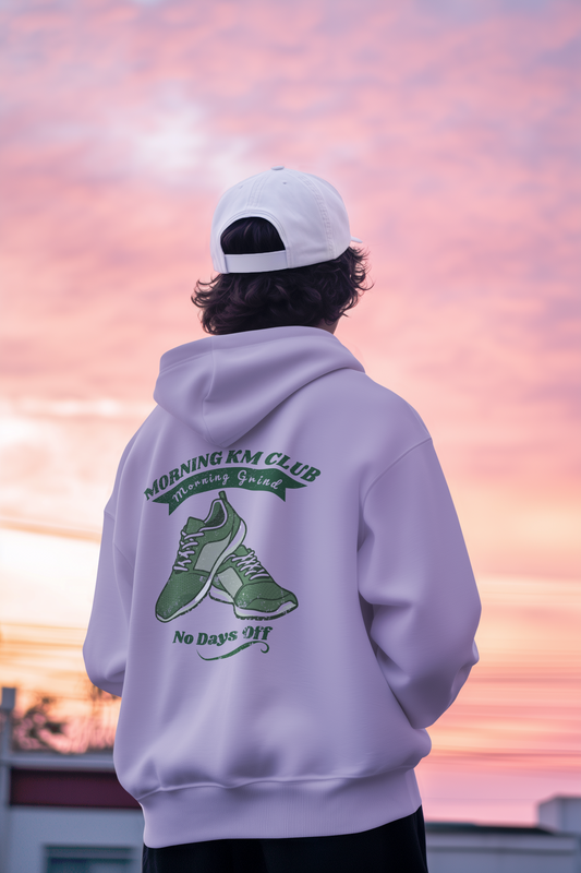 Morning KM Club Oversized Hoodie for Men & Women | No Days Off Running Hoodie | 400 GSM Premium Cotton Blend Gym & Streetwear Sweatshirt