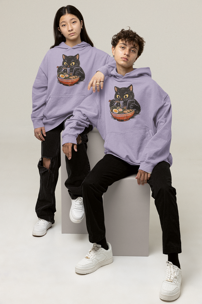 Cat Ramen Hoodie in Lavender – oversized unisex hoodie with black cat eating ramen graphic print