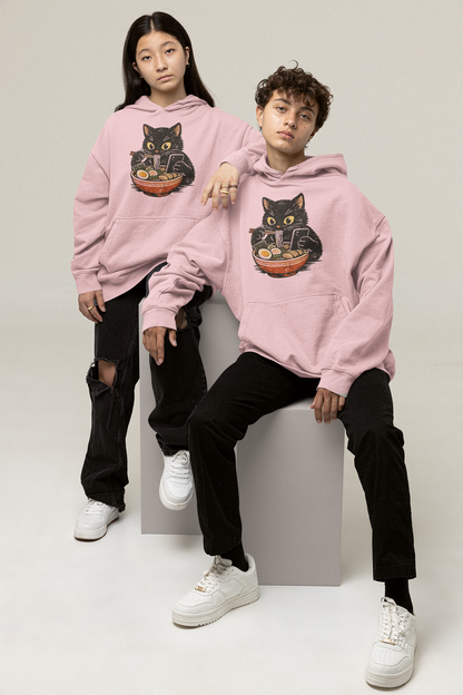 Cat Ramen Hoodie in Light Baby Pink – oversized unisex hoodie with black cat eating ramen graphic print