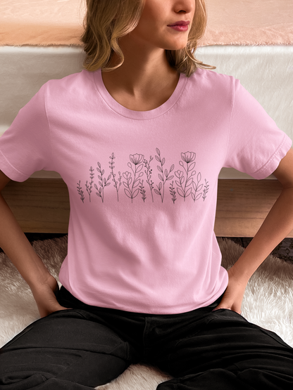 Women’s wild flower curved t-shirt with floral pattern, casual short sleeve graphic tee