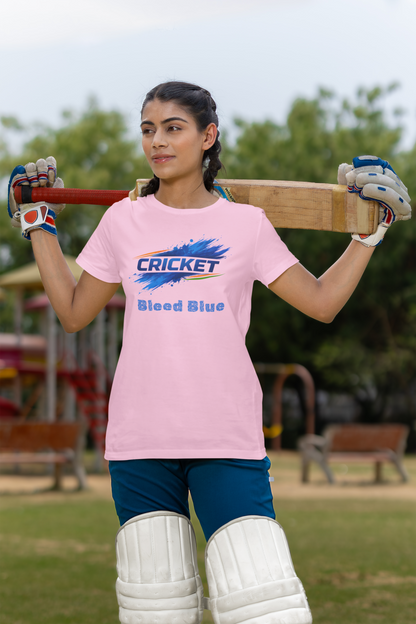 Woman holding a cricket bat with a light pink t-shirt in an outdoor 