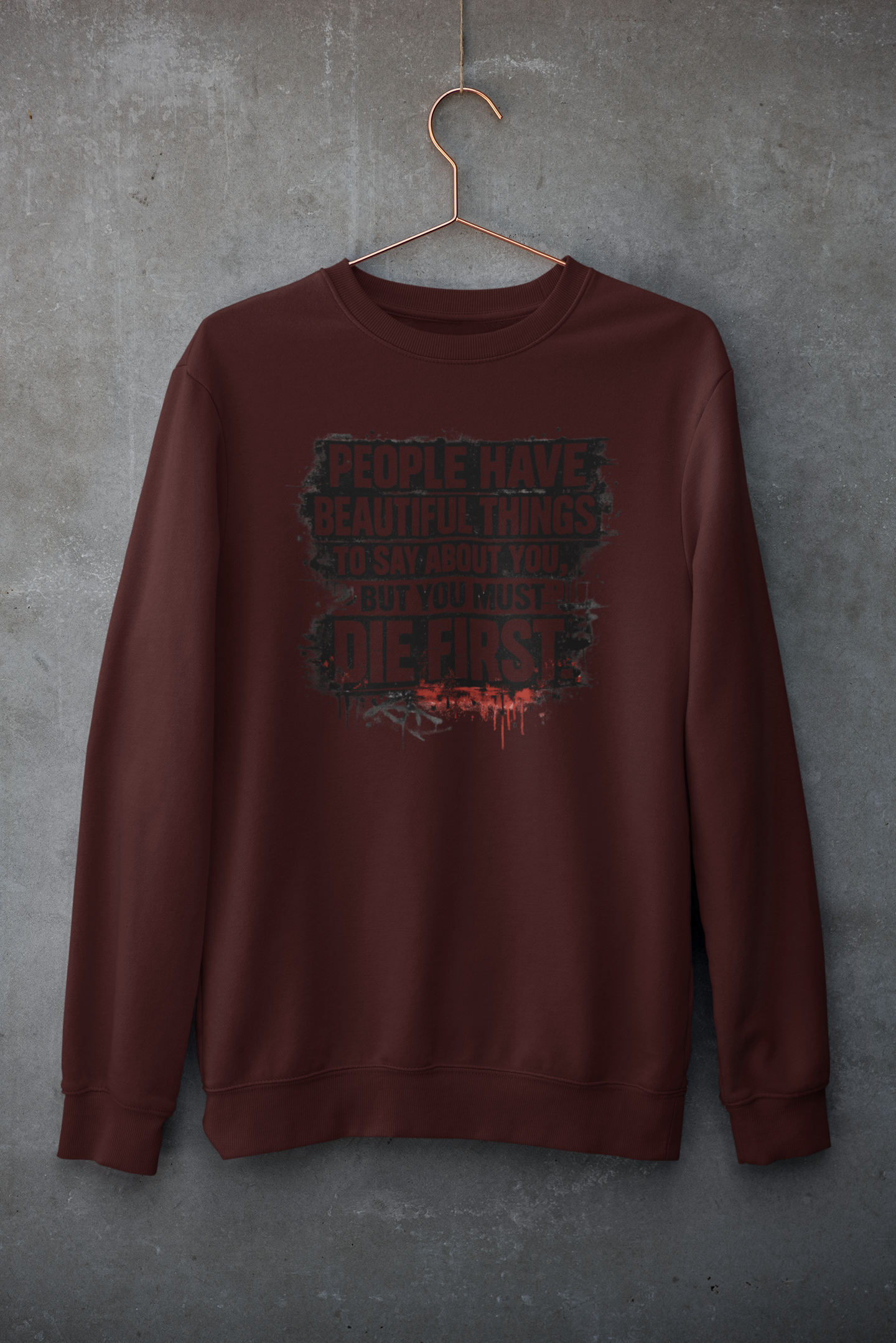 Maroon unisex sweatshirt bold text graphic warm fleece India street style