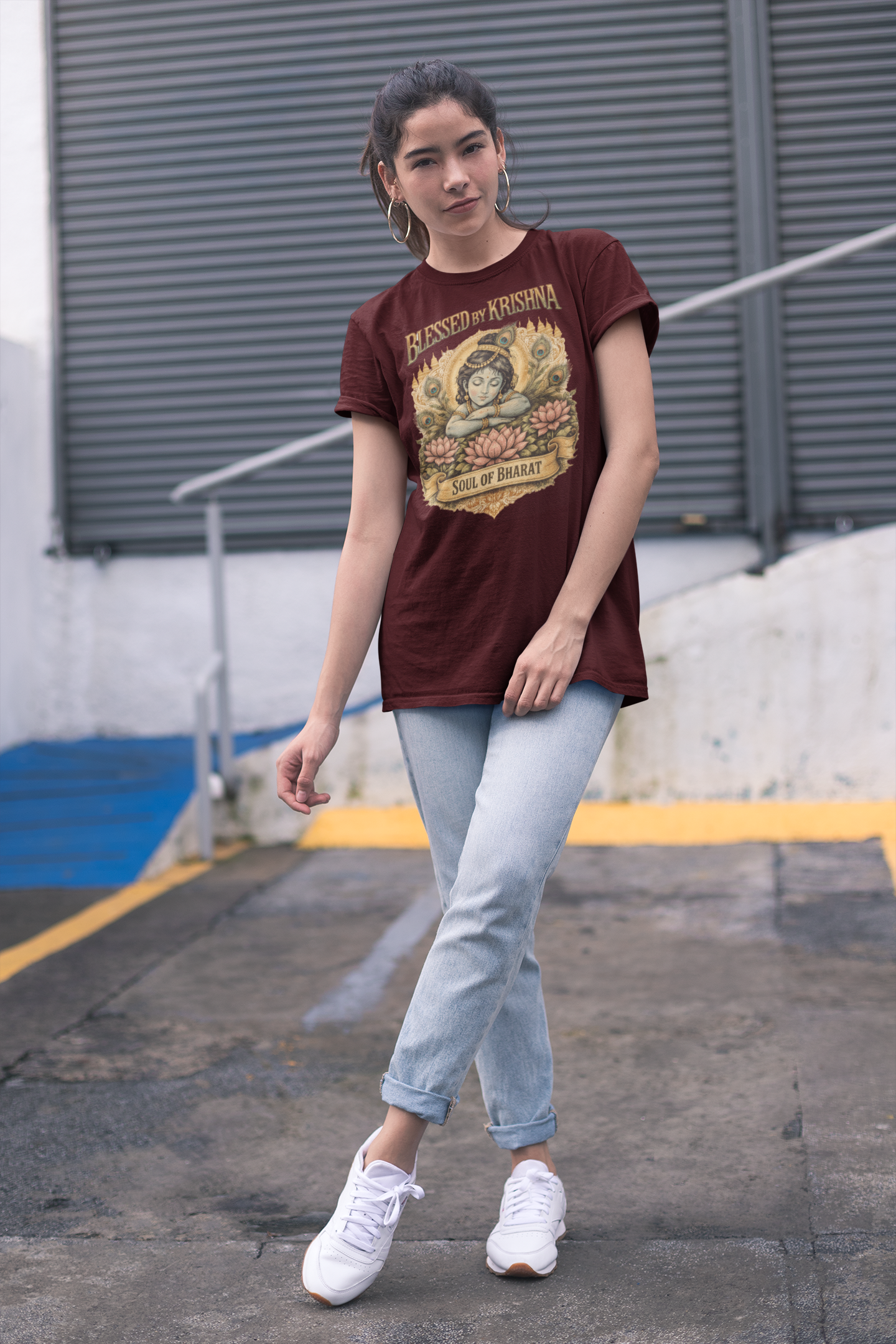 Maroon Krishna oversized t-shirt India 240 GSM cotton spiritual graphic tee Soul of Bharat design