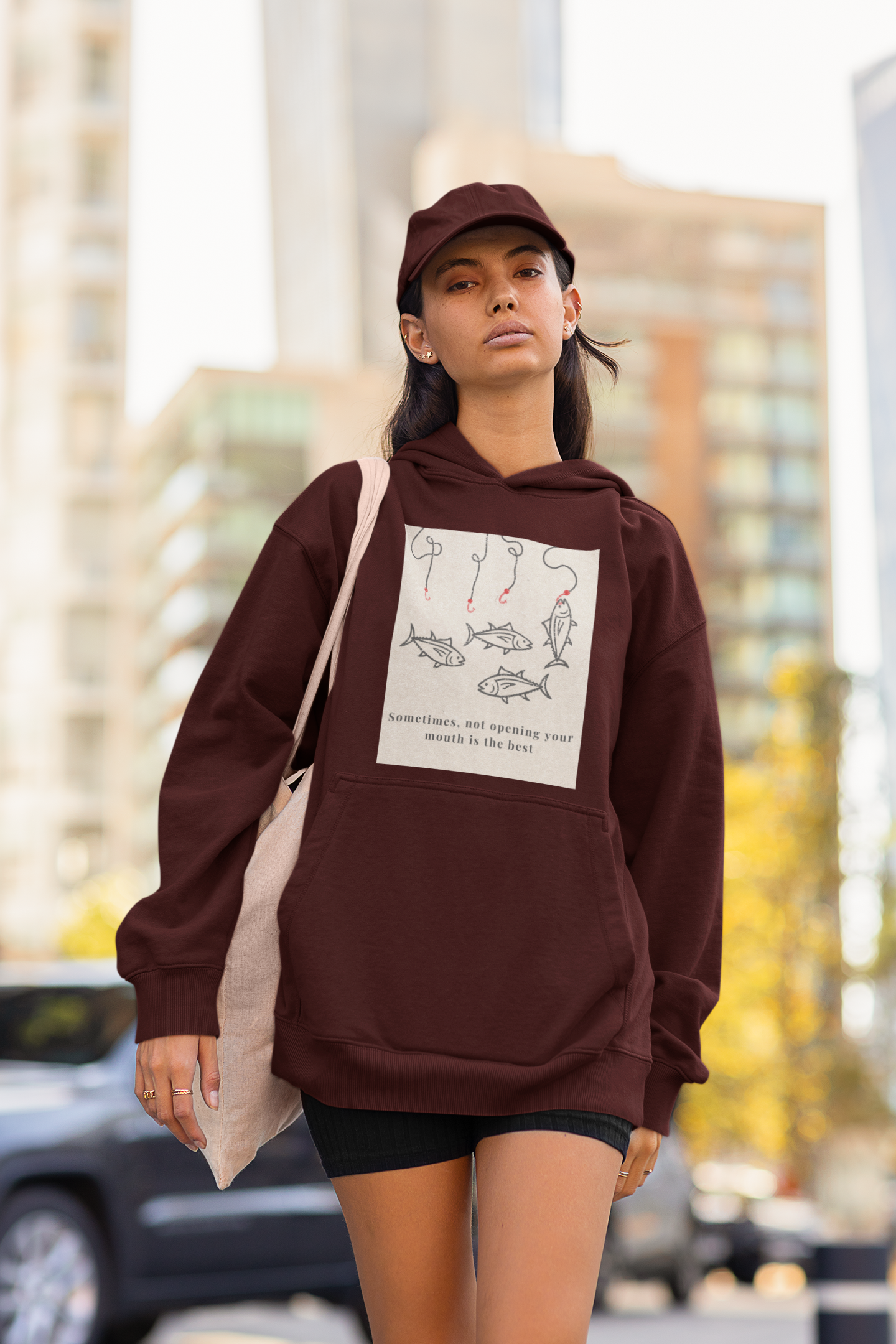 Maroon Oversized unisex hoodie with aesthetic fish graphic print, Gen Z streetwear style, relaxed fit sweatshirt India